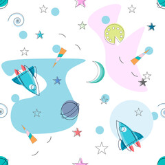 Seamless pattern with cute unicorn.Space background.  Vector illustration