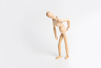 Joint pain at wooden mannequin isolated on white
