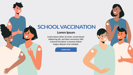 Vaccine for diverse teen or children group banner template. Teenager vaccination concept. School immunization campaign. Child vaccine for health immunity. Different kids vector cartoon illustration