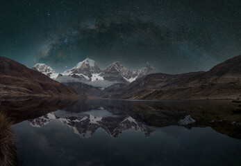 Reflection of the stars Milky Way in the Carhuacaocha lagoon - Andes Mountains in Peru