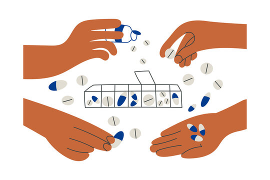 Medicine organizer daily medical container and female hand holding pills or tablet drugs. Vitamins in hand. Capsules in plastic container. World pharmacist day. Flat vector cartoon illustration