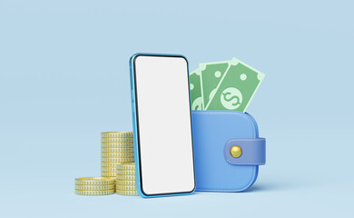 Phone with stacks coins, cash money into wallet floating on blue background. Mobile bank, Online payment service. Saving wealth and business financial concept. Smartphone transfer online. 3d render.