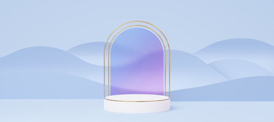 Empty white marble cylinder podium with gold border, circle on glass arch, blue wave background. Abstract minimal studio 3d geometric shape. Mockup space for display of product design. 3d rendering.