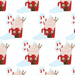 Hand-drawn New Year's house in the form of cup with a hot drink and cream. Christmas house. The illustration is suitable for posters, prints and postcards.