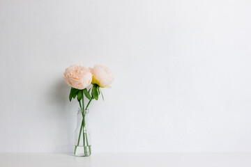 A bouquet of roses in a vase over the white wall. 