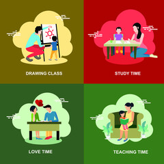Drawing class, study time, teaching and love time flat vector concept design collection