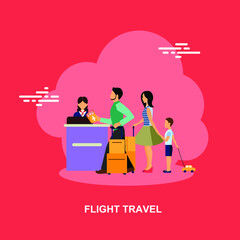 Flight travel with man women and kid moving towards ticket counter in airport flat concept design