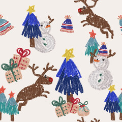 Christmas seamless pattern of joyful snowman and reindeer