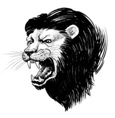 Ink black and white drawing of a roaring lion head