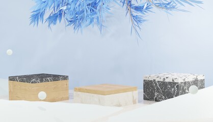 3d background with 3 marble podium and leaves surrounded by snow, winter theme