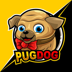 cute pug dog, mascot esports logo vector illustration for gaming and streamer