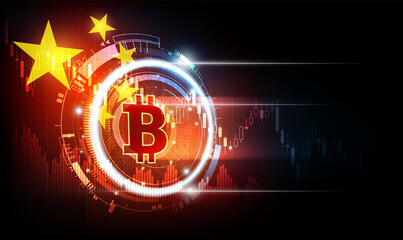 Bitcoin digital currency with China flag background, China regulators ban crypto trading and mining concept, vector illustration