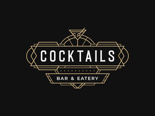 Art deco vector template. Cocktail bar restaurant logo design. Suitable for bar, restaurant, pub, tavern, whiskey, cocktail, alcohol, beer, brewery, wine, shop signage. - obrazy, fototapety, plakaty