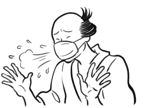 日本画タッチのマスクをしてくしゃみをする人物イラストJapanese painting illustration The person is wearing a mask and sneezing