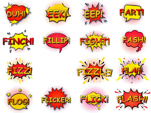 Comic speech bubbles set with different emotions and text duh, eek, eep, fart, fash, fight, fillip, finch, fizz, fizzle, flap, flash, flick, flicker, flog on white background high resolution 