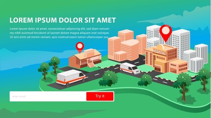 hospital location and 2 ambulance cars isometric illustration © hasan
