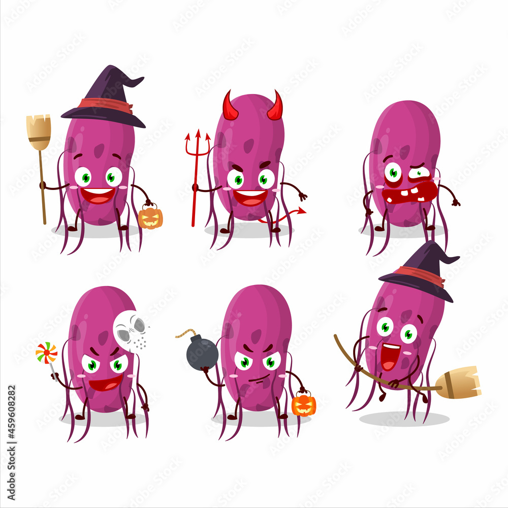 Sticker Halloween expression emoticons with cartoon character of virus Molecule