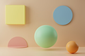 Different colorful geometric figures on beige pastel background, 3d illustration. Minimal style abstract background. 3D render with bubbles and podium