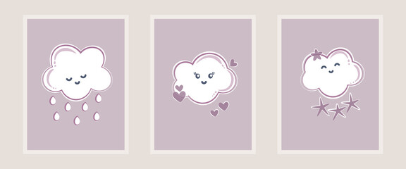 baby drawing cute clouds stars rain hearts pink background vector illustration