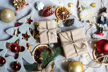 Christmas place nature concept craft ecology materials setting with ribbon and christmas decorations