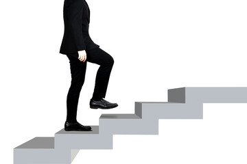 Hierarchical growth and level up, Businessman steps up stairs on white background. concept of human development in the organization Successful leadership with copy space or design ideas for business.