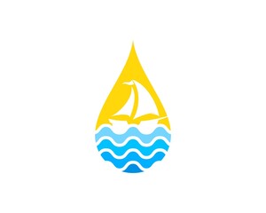 Water drop with abstract beach wave and sail boat inside