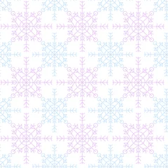 Zelfklevend Fotobehang Blue snowflakes on a white background. Merry Christmas geometric seamless pattern. Primitive minimalistic snowflakes. © Olesya