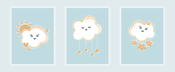 baby drawing cute clouds sun flowers hearts turquoise background vector illustration