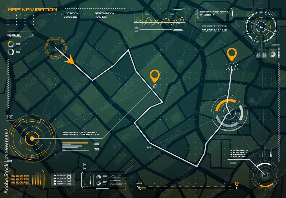 Poster HUD navigation or city map navigation screen interface with compass, graphs and map points, vector. HUD roadmap or city map with satellite location pins and traffic route direction, smart app