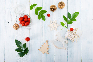 Christmas decorations on old white wood table