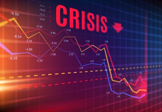 Crisis or stock crash on market, loss trading and investment indicators downturn, vector. Stock exchange market and financial business crisis and economic fall down with flow charts and diagram