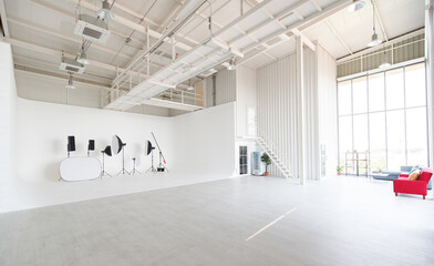 Empty wide and tall indoor industrial design photography studio workshop room full of space and...