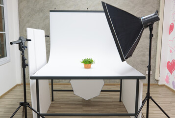 Indoor with air conditioner studio white photoshoot scene table and partition with professional...