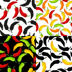 Red, Green, Yellow Pepper vector seamless pattern set. Mexican chili spicy vegetable. Hot paprika texture.