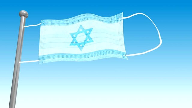 Looped animation of a medical mask fluttering on a flagpole in waves against a blue gradient background with the flag of Israel.
