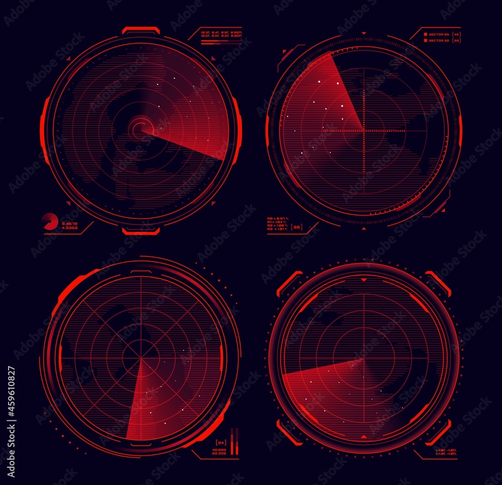 Poster HUD military radar or sonar display interface, vector target detection screen. HUD digital army radar or submarine sonar map, futuristic technology and red vision scan circles and sight grids