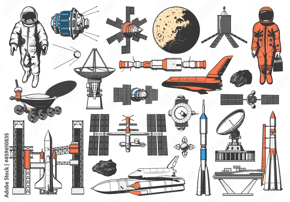 Poster space icons of rocket, spaceman and planets satellites, vector galaxy exploration. lunar rover and s