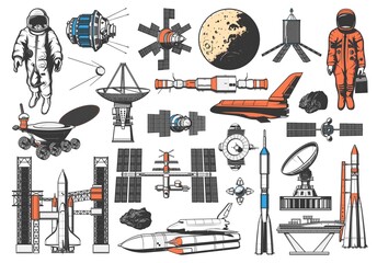 Space icons of rocket, spaceman and planets satellites, vector galaxy exploration. Lunar rover and spaceship shuttle, orbital station and meteor asteroids, cosmodrome spacecraft launch pad and sputnik - obrazy, fototapety, plakaty