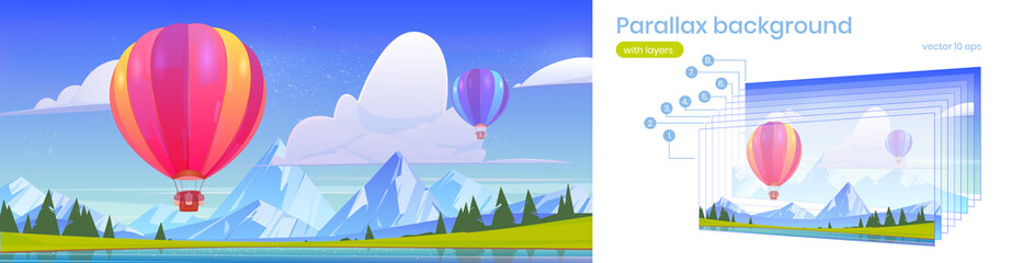 Obraz premium Parallax background hot air balloons flying in blue sky above mountains valley with pond and field. Scenery nature summer landscape with separated layers for game animation, Cartoon 2d vector scene
