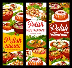 Polish cuisine food banners or menu dishes and meals, vector lunch and dinner. Polish cuisine white borscht and pork schnitzel, Warsaw donuts and pike perch with Christmas carp and zurek soup