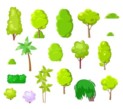 Landscape design cartoon trees, plants, shrubs and palms. Vector park and tropical trees isolated on white background. Natural plants with green leaves and brown trunks, landscape design elements