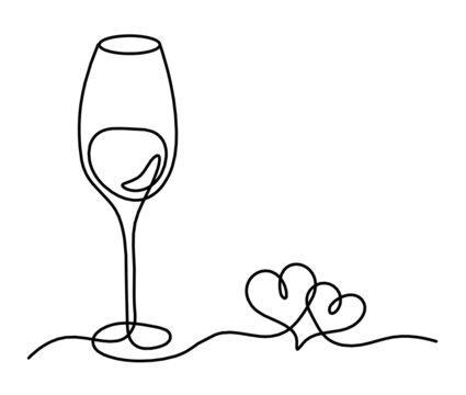 Drawing line wineglass of champagne on the white background