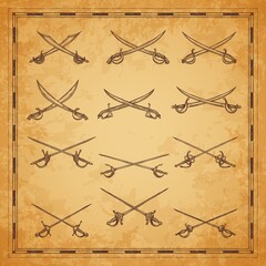 Crossed pirate sabers, swords and epees sketch, vector ancient map elements. Pirate buccaneer or corsair sabers and nautical cutlass in vintage engraving sketch for pirates treasure map