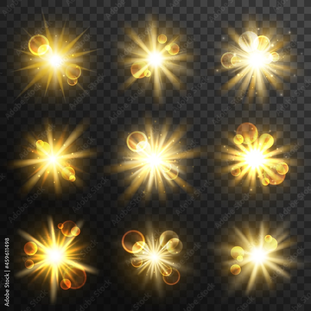Aufkleber sun light, burst and explosion, golden glow, flash and flare rays effect. vector beams or star spark