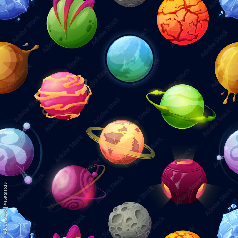Poster cartoon space planets and stars seamless pattern. futuristic vector background with asteroids, fanta