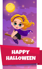 Happy Halloween. Halloween flying little witch. Girl kid in halloween costume. Purple background.