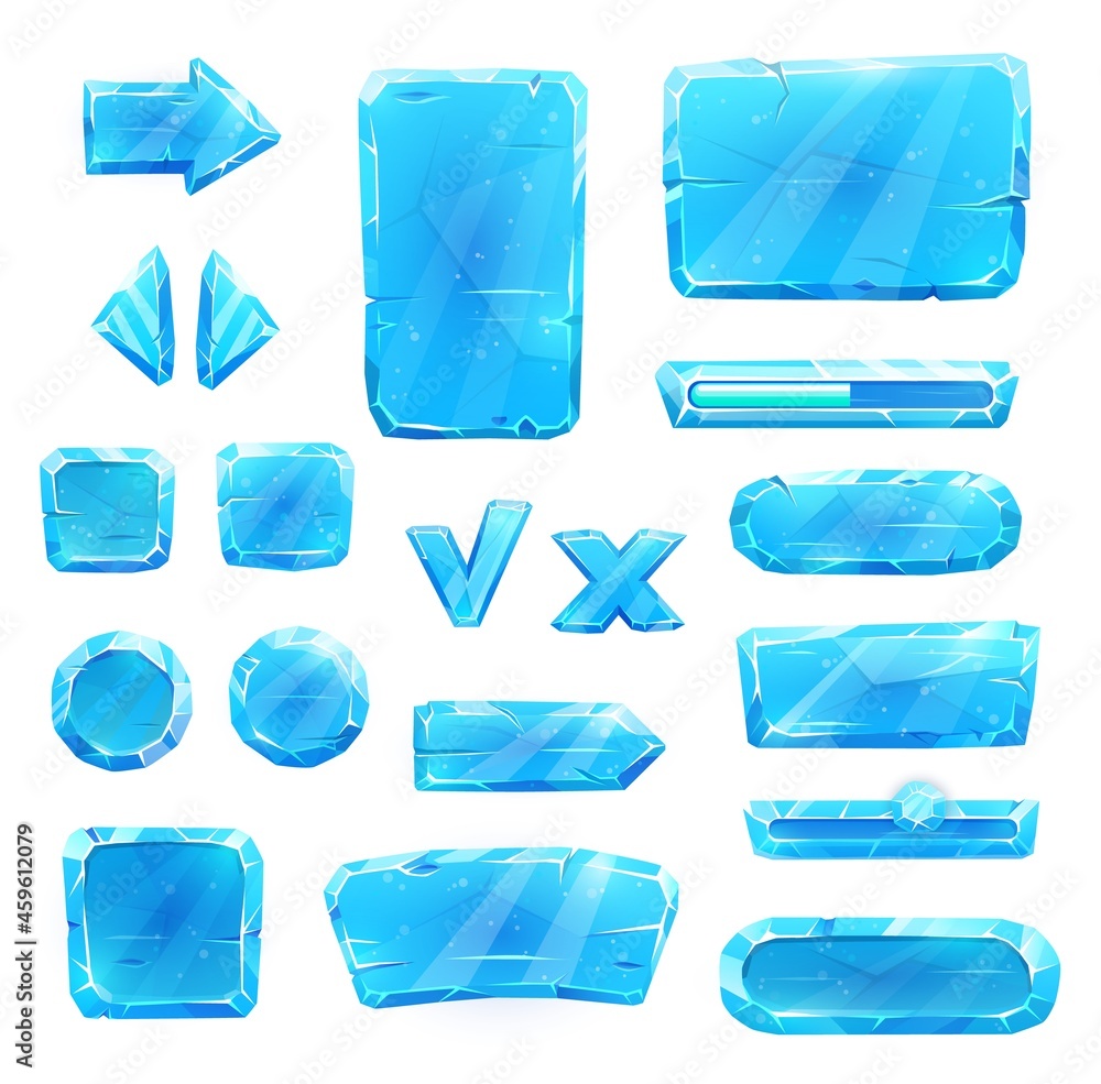 Poster game asset of blue ice crystal buttons, cartoon vector set. menu interface of iced textured blocks a