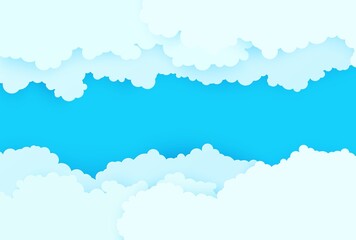 Blue sky and white clouds border in paper cut style. 3d papercut background with top view cloudy sky. Simple weather layered banner. Vector card illustration of cloudscape pastel colors