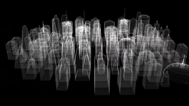 Futuristic 3d rendering of rotating holographic city digitally generated image virtual reality matrix particles simulation in cyber space background environment for head up display screen