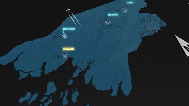 Seamless looping animation of the 3d terrain map at nighttime of Guinea Bissau with the capital and the biggest cites in 4K resolution